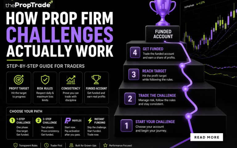 Eine Schritt-für-Schritt-Grafik, die veranschaulicht, wie die Herausforderungen bei Prop-Firmen funktionieren, einschließlich Gewinnzielen, Risikoregeln, Drawdown-Grenzen und dem Übergang zu einem finanzierten Handelskonto.