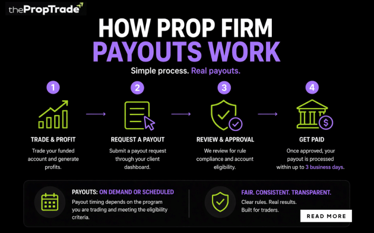 Как осуществляются выплаты в проп-фирмах, включая формирование прибыли, подачу запросов на выплату, проверку соответствия требованиям, процесс утверждения и сроки вывода средств.