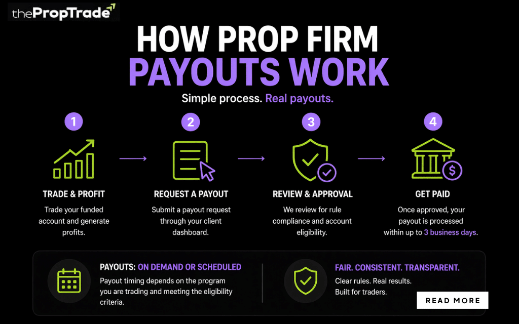 Как осуществляются выплаты в проп-фирмах, включая формирование прибыли, подачу запросов на выплату, проверку соответствия требованиям, процесс утверждения и сроки вывода средств.